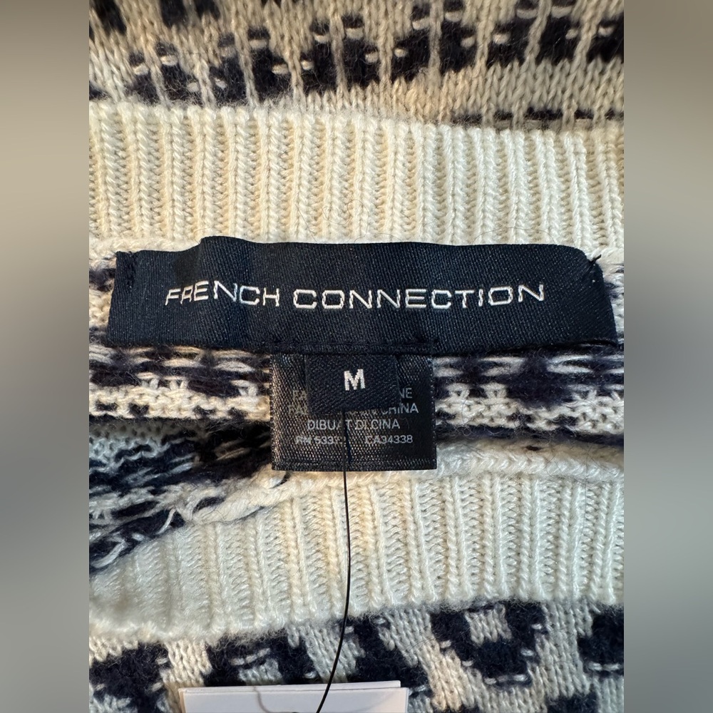 French‎ Connection Fair Isle Black/Cream Knit Crew Sweater. Women’s Medium. NWT. - Picture 2 of 5